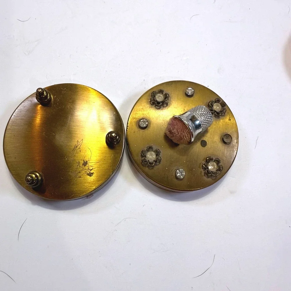 Vintage Brass Sewing Trinket Box Thimble Pincushion Rhinestone Footed 3 Inch